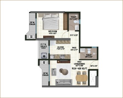 1 BHK - Type 2
              Flat no. 03 & 08 | RCA - 428 sq. ft.
              